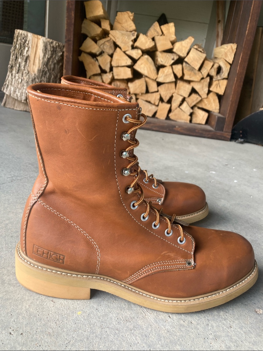 Vintage Men's Lehigh Steel Toed Leather Lace-Up Work Boots Cognac Brown Size 9.5